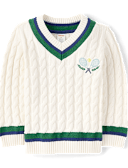 Kids Embroidered Tennis Racquet Cable Knit V-Neck Sweater - Club House