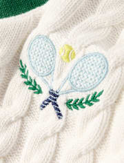 Kids Embroidered Tennis Racquet Cable Knit V-Neck Sweater - Club House