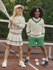 Kids Embroidered Tennis Racquet Cable Knit V-Neck Sweater - Club House