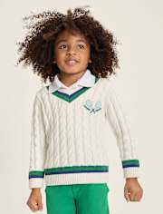 Kids Embroidered Tennis Racquet Cable Knit V-Neck Sweater - Club House