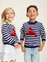 Kids Striped Embroidered Chenille Lobster Sweater - Driftwood Bay