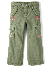 Girls Embroidered Floral Garment Dyed Wide Leg Cargo Jeans - Enchanted Garden