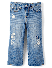 Girls Floral Crochet Applique Wide Leg Jeans - Driftwood Bay