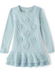 Girls Crochet Floral Drop Waist Tiered Sweater Dress - Driftwood Bay