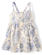 Girls Embroidered Floral Bow Button Front Dress - Driftwood Bay