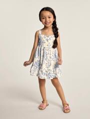 Girls Embroidered Floral Bow Button Front Dress - Driftwood Bay