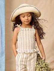 Girls Striped Textured Smocked Bow Shoulder Tank Top - Driftwood Bay