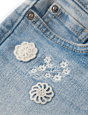 Girls Applique Floral Frayed Jean Shorts - Little Essentials