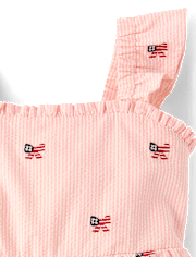 Girls Embroidered Flag Seersucker Tiered Dress - Nantucket Charm