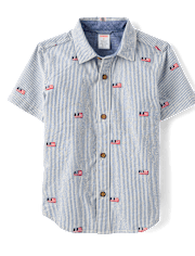 Boys Embroidered Flag Seersucker Button Up Shirt - Nantucket Charm