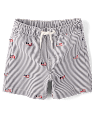 Boys Embroidered Flag Seersucker Swim Trunks - Swim Shop