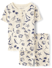 Boys Coastal Toile Snug Fit Cotton Henley Pajamas - Gymmies