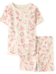 Girls Coastal Toile Snug Fit Cotton Henley Pajamas - Gymmies