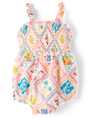 Baby Girls Tile Bow Shoulder Bubble Romper - Amalfi Coast