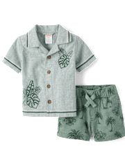 Baby Boys Embroidered  Tropical Leaf Linen-Blend 2-Piece Outfit Set - Amalfi Coast