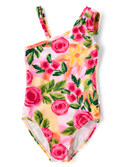 Girls Floral Bow One Shoulder One Piece Swimsuit - Swim Shop