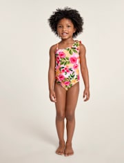 Girls Floral Bow One Shoulder One Piece Swimsuit - Swim Shop