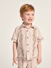 Boys Embroidered Tropical Leaf Linen-Blend Button Up Shirt - Amalfi Coast