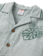 Boys Embroidered Tropical Leaf Linen-Blend Button Up Shirt - Amalfi Coast