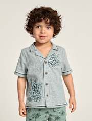 Boys Embroidered Tropical Leaf Linen-Blend Button Up Shirt - Amalfi Coast