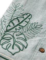 Boys Embroidered Tropical Leaf Linen-Blend Button Up Shirt - Amalfi Coast