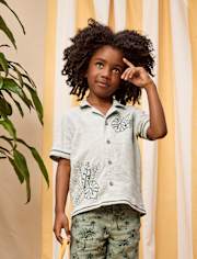 Boys Embroidered Tropical Leaf Linen-Blend Button Up Shirt - Amalfi Coast