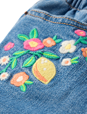 Girls Embroidered Floral Paperbag Waist Jeans Shorts - Amalfi Coast