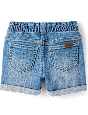 Girls Embroidered Floral Paperbag Waist Jeans Shorts - Amalfi Coast