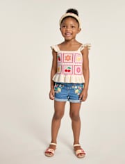 Girls Embroidered Floral Paperbag Waist Jeans Shorts - Amalfi Coast