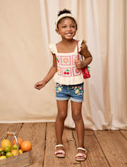 Girls Embroidered Floral Paperbag Waist Jeans Shorts - Amalfi Coast