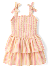 Girls Metallic Striped Smocked Bow Shoulder Dress - Amalfi Coast