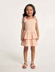 Girls Metallic Striped Smocked Bow Shoulder Dress - Amalfi Coast