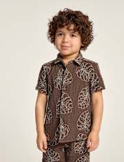 Boys Embroidered Tropical Leaf Gauze Button Up Shirt - Amalfi Coast