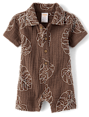 Baby Boys Embroidered  Tropical Leaf Gauze Romper - Amalfi Coast