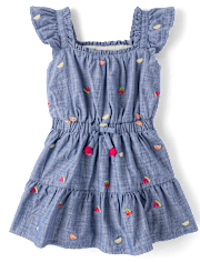 Girls Embroidered Fruit Chambray Ruffle Dress - Amalfi Coast