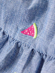 Girls Embroidered Fruit Chambray Ruffle Dress - Amalfi Coast