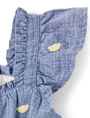 Girls Embroidered Fruit Chambray Ruffle Dress - Amalfi Coast