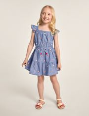 Girls Embroidered Fruit Chambray Ruffle Dress - Amalfi Coast