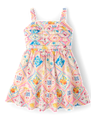 Girls Tile Pleated Ruffle Dress - Amalfi Coast