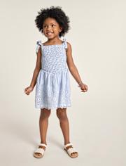 Girls Striped Embroidered Eyelet Bow Shoulder Dress - Driftwood Bay