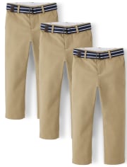 Boys Belted Chino Pants with Stain and Wrinkle Resistance 3-Pack - Uniform