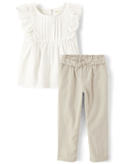Girls Eyelet Top And Pull On Pants 2-Piece Outfit Set - Linen