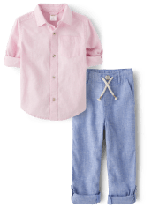 Conjunto de traje de 2 piezas con camisa con botones y pantalones sin cierres con puños enrollados para niños - Lino