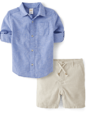 Conjunto de 2 piezas de camisa con botones y pantalones cortos sin cordones para niños - Lino