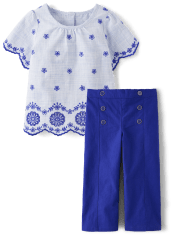 Girls Eyelet Scalloped Top And Button Wide Leg Pants 2-Piece Outfit Set - Bon Voyage