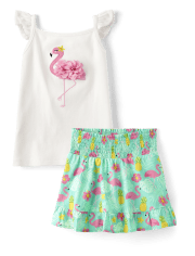 Girls Embroidered Flamingo 2-Piece Outfit Set - Seaside Palms