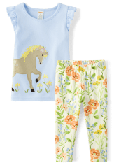 Girls Embroidered Horse 2-Piece Outfit Set - Prairie Fields