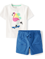 Boys Embroidered Flamingo 2-Piece Outfit Set - Little Classics