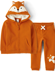 Conjunto de traje de 2 piezas de forro polar de zorro bordado para niños - Aventuras de otoño