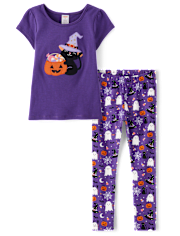 Conjunto Niña Calabaza Gato Bordado 2 Piezas - Halloween